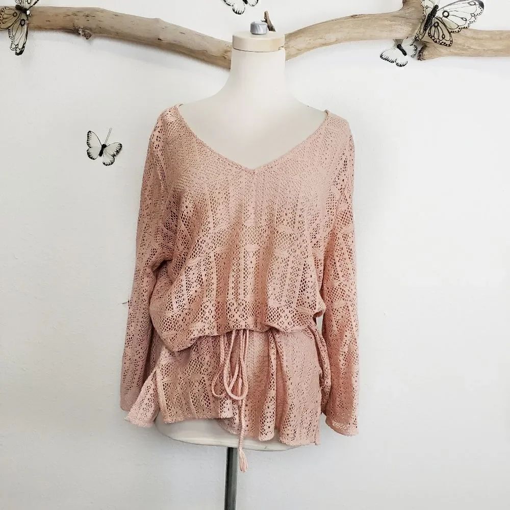 Lucky brand crochet knit belted boho top blush